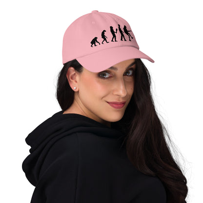 Casquette Baseball, brodée « Evolution de l'homme jusqu'à un guitariste », en Rose, vue de face, image 14
