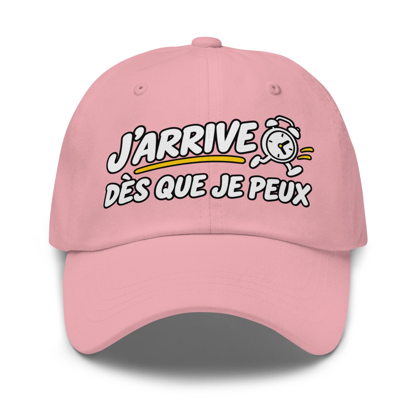 Casquette Baseball, brodée « J'arrive dès que je peux », en Rose, vue de face, image 43