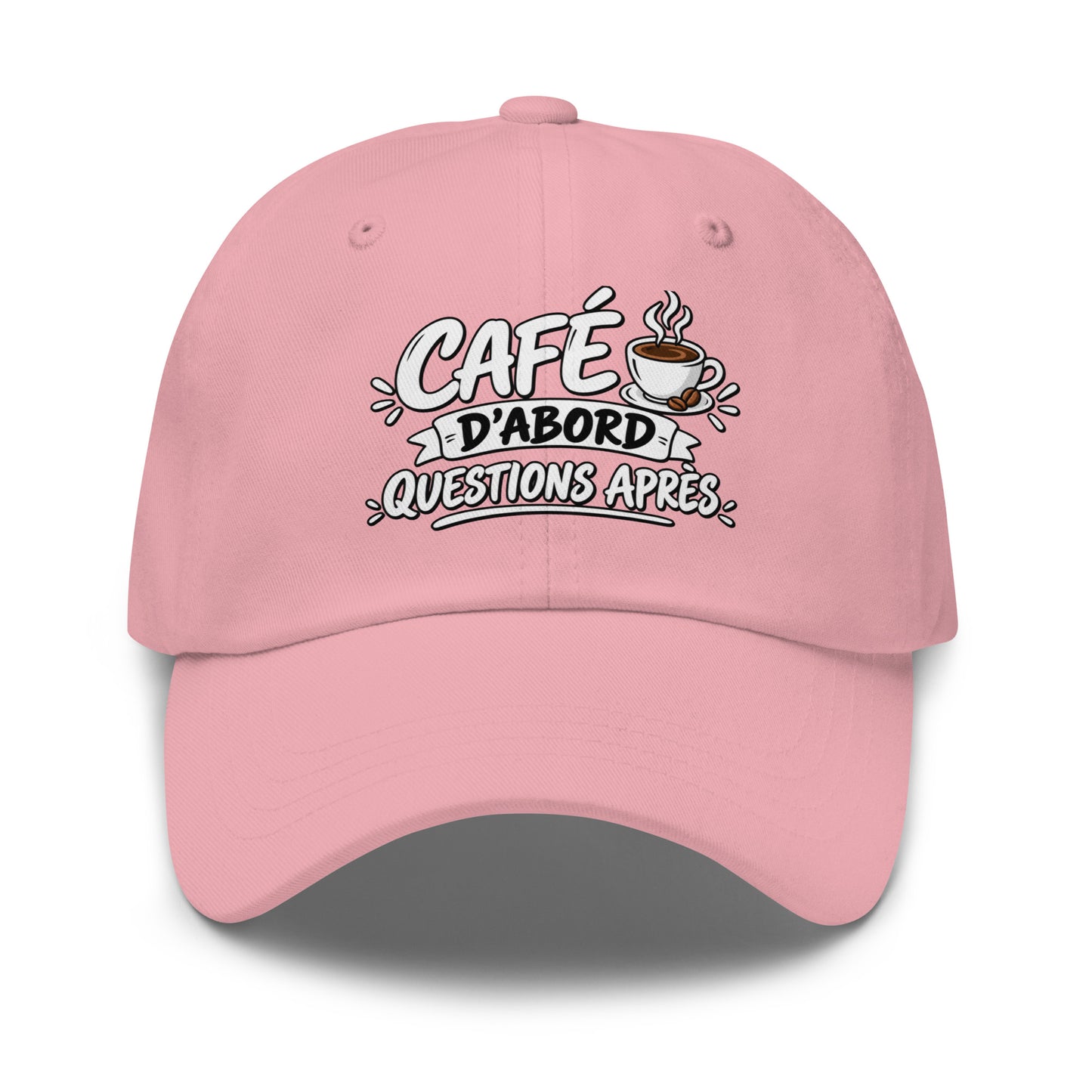 Casquette Baseball, brodée « Café d'abord, questions après », en Rose, vue de face, image 44
