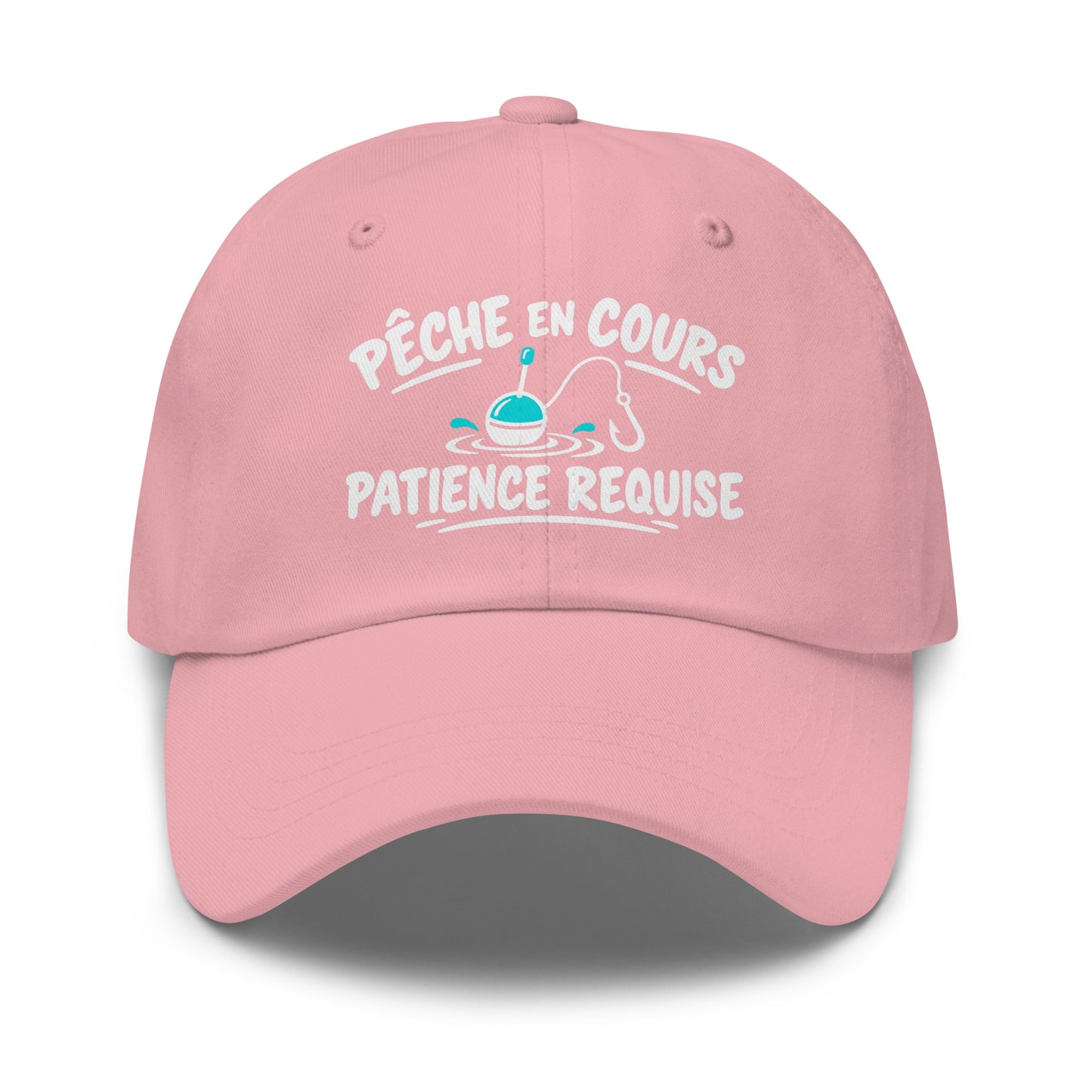 Casquette Baseball, brodée « Pêche en cours, patience requise », en Rose, vue de face, image 43