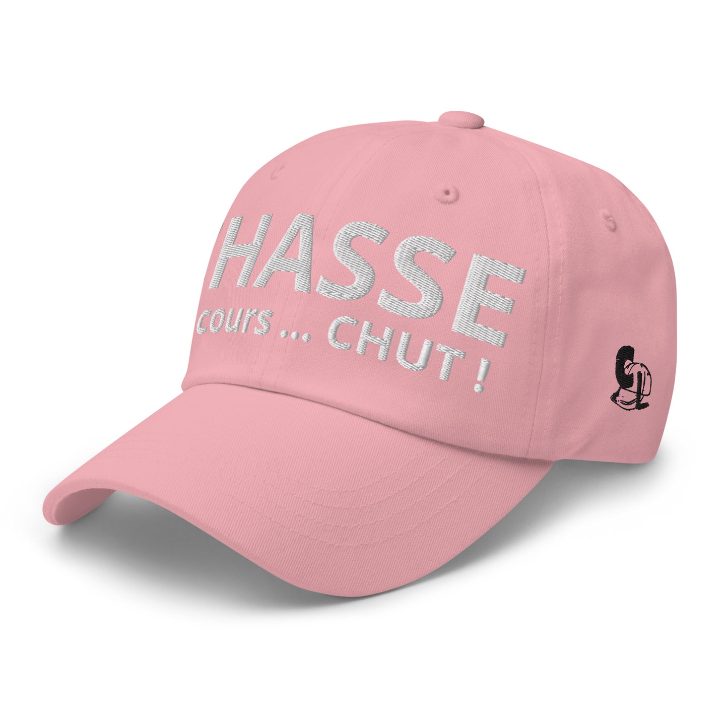 Casquette Baseball, brodée « Chasse en cours ... CHUT ! », en Rose, vue de trois quarts