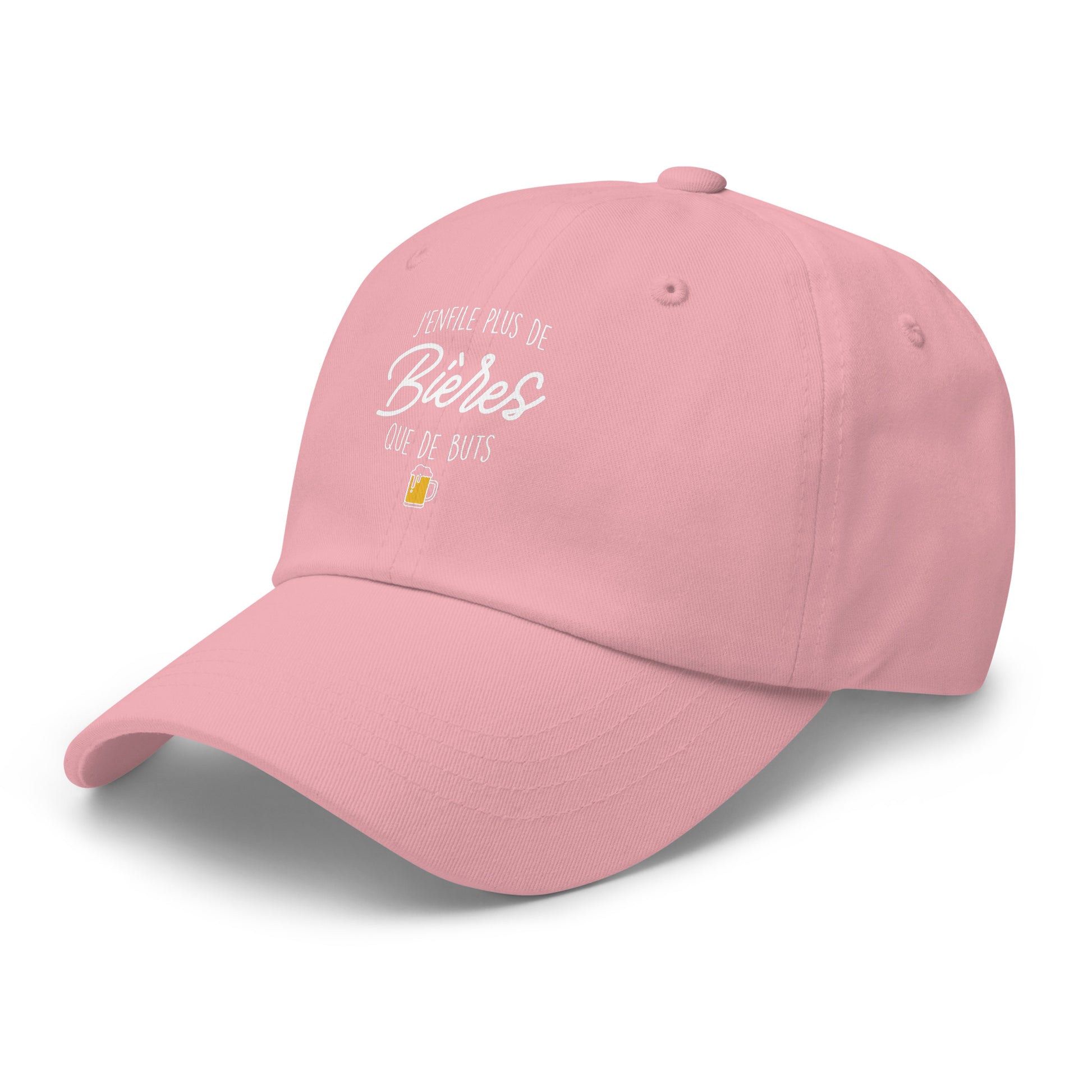 Casquette Baseball, brodée « J'enfile plus de bières que de buts », en Rose, vue de trois quarts, image 54