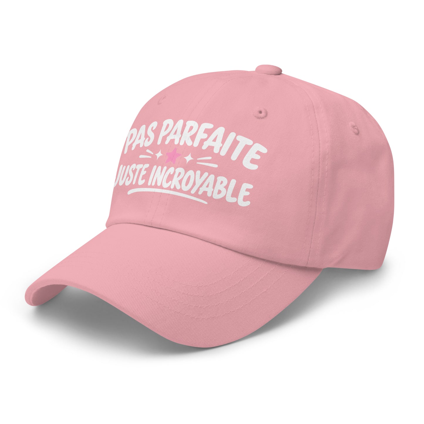 Casquette Baseball, brodée « Pas parfaite, juste incroyable », en Rose, vue de trois quarts, image 45