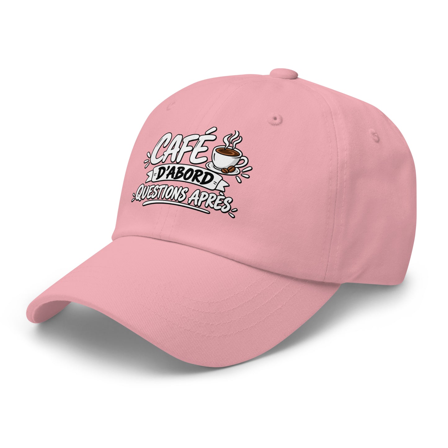 Casquette Baseball, brodée « Café d'abord, questions après », en Rose, vue de trois quarts, image 46