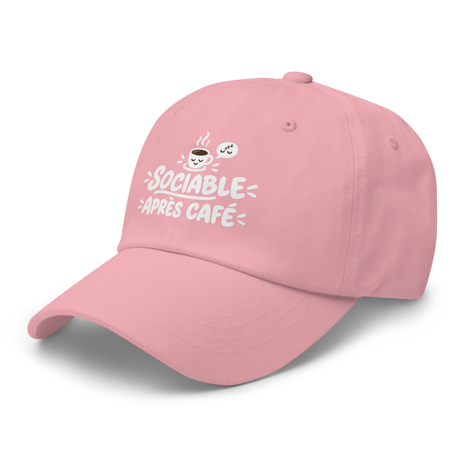 Casquette Baseball, brodée « Sociable après café », en Rose, vue de trois quarts, image 45