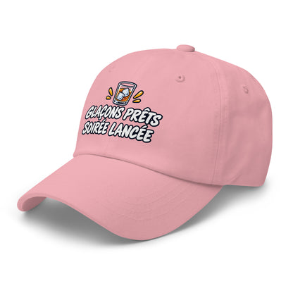 Casquette Baseball, brodée « Glaçons prêts, soirée lancée », en Rose, vue de trois quarts, image 45