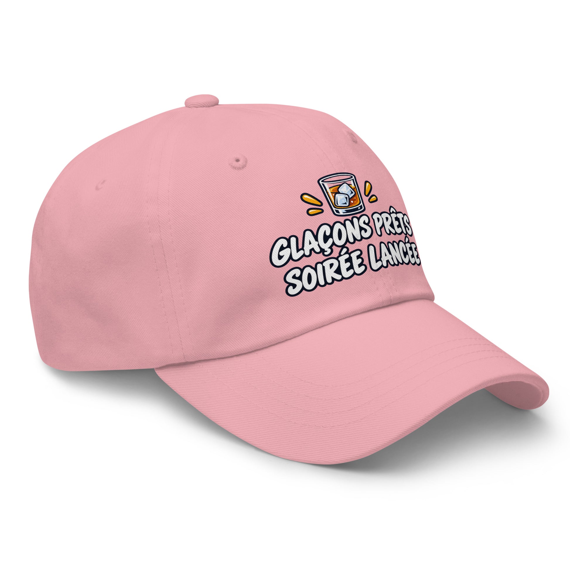 Casquette Baseball, brodée « Glaçons prêts, soirée lancée », en Rose, vue de trois quarts, image 47