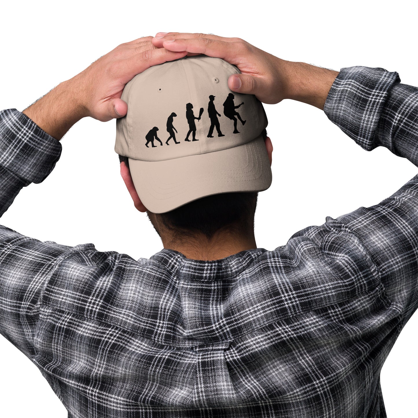 Casquette Baseball, brodée « Evolution de l'homme jusqu'à un guitariste », en Pierre, vue de face, image 13
