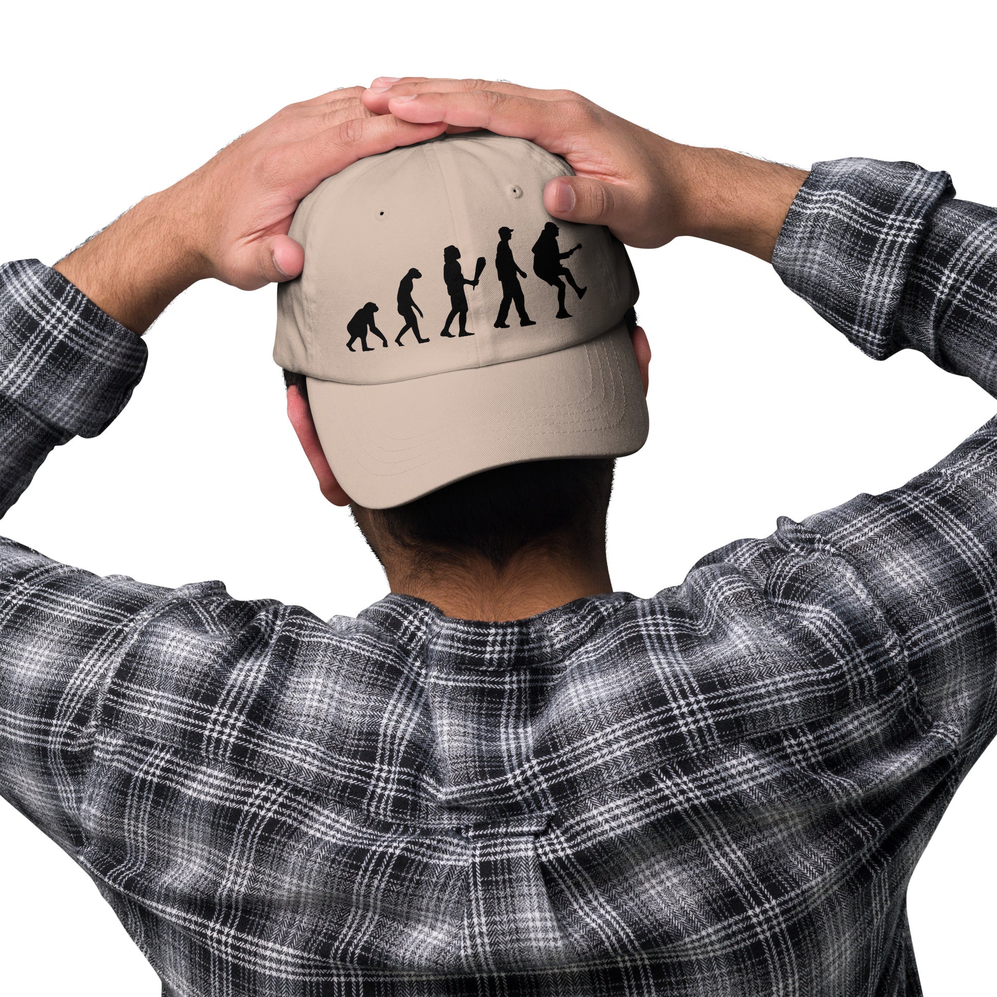 Casquette Baseball, brodée « Evolution de l'homme jusqu'à un guitariste », en Pierre, vue de face, image 13