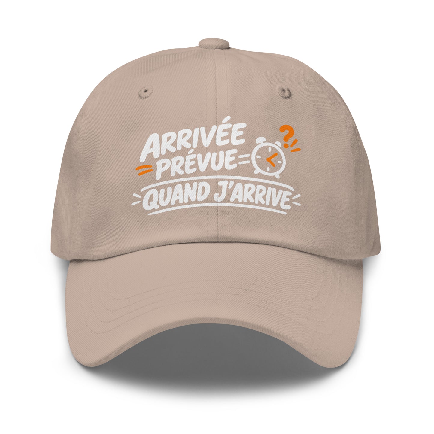 Casquette Baseball, brodée « Arrivée prévue ? quand j'arrive », en Pierre, vue de face, image 38
