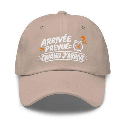 Casquette Baseball, brodée « Arrivée prévue ? quand j'arrive », en Pierre, vue de face, image 38