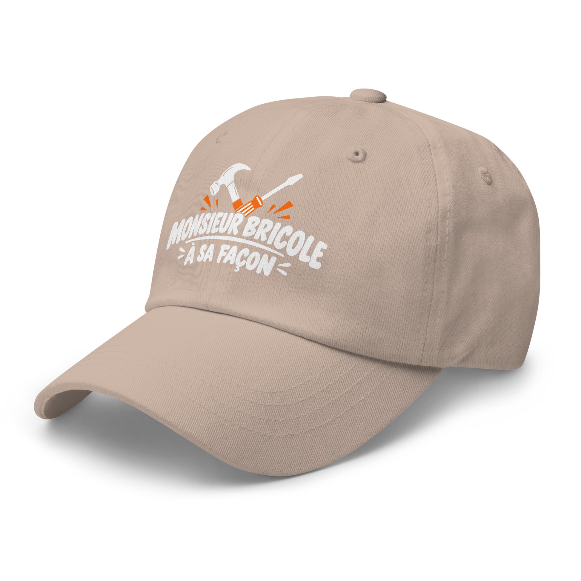 Casquette Baseball, brodée « Monsieur bricole, à sa façon », en Pierre, vue de trois quarts, image 39