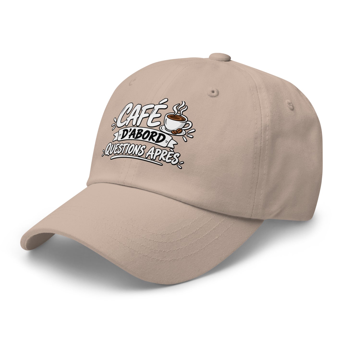 Casquette Baseball, brodée « Café d'abord, questions après », en Pierre, vue de trois quarts, image 40