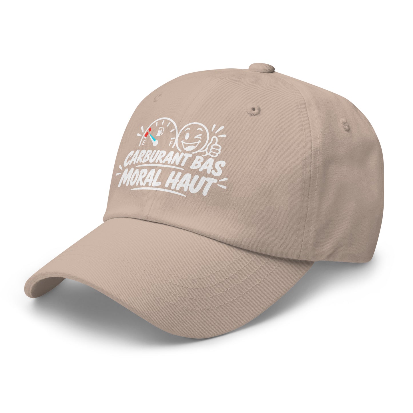 Casquette Baseball, brodée « Carburant bas, moral haut », en Pierre, vue de trois quarts, image 39