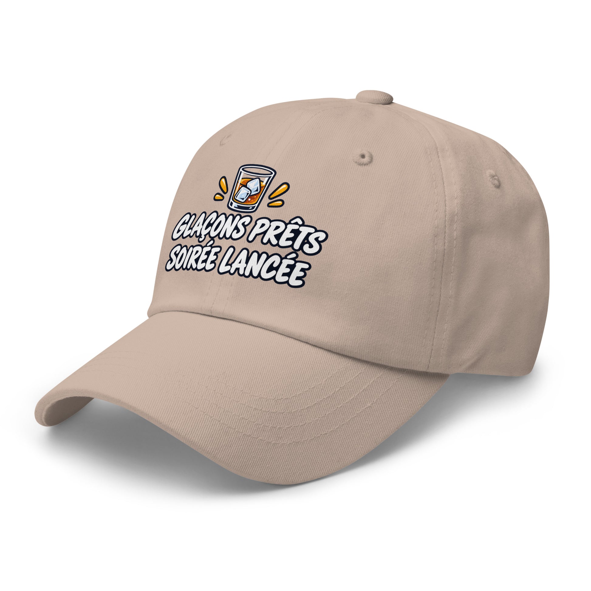 Casquette Baseball, brodée « Glaçons prêts, soirée lancée », en Pierre, vue de trois quarts