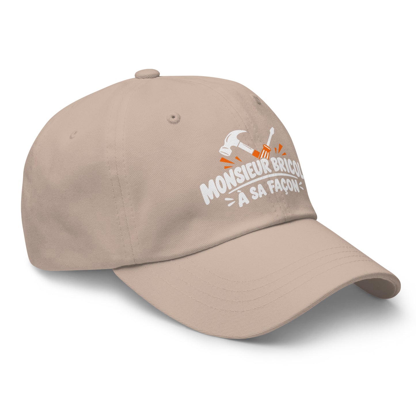 Casquette Baseball, brodée « Monsieur bricole, à sa façon », en Pierre, vue de trois quarts, image 41