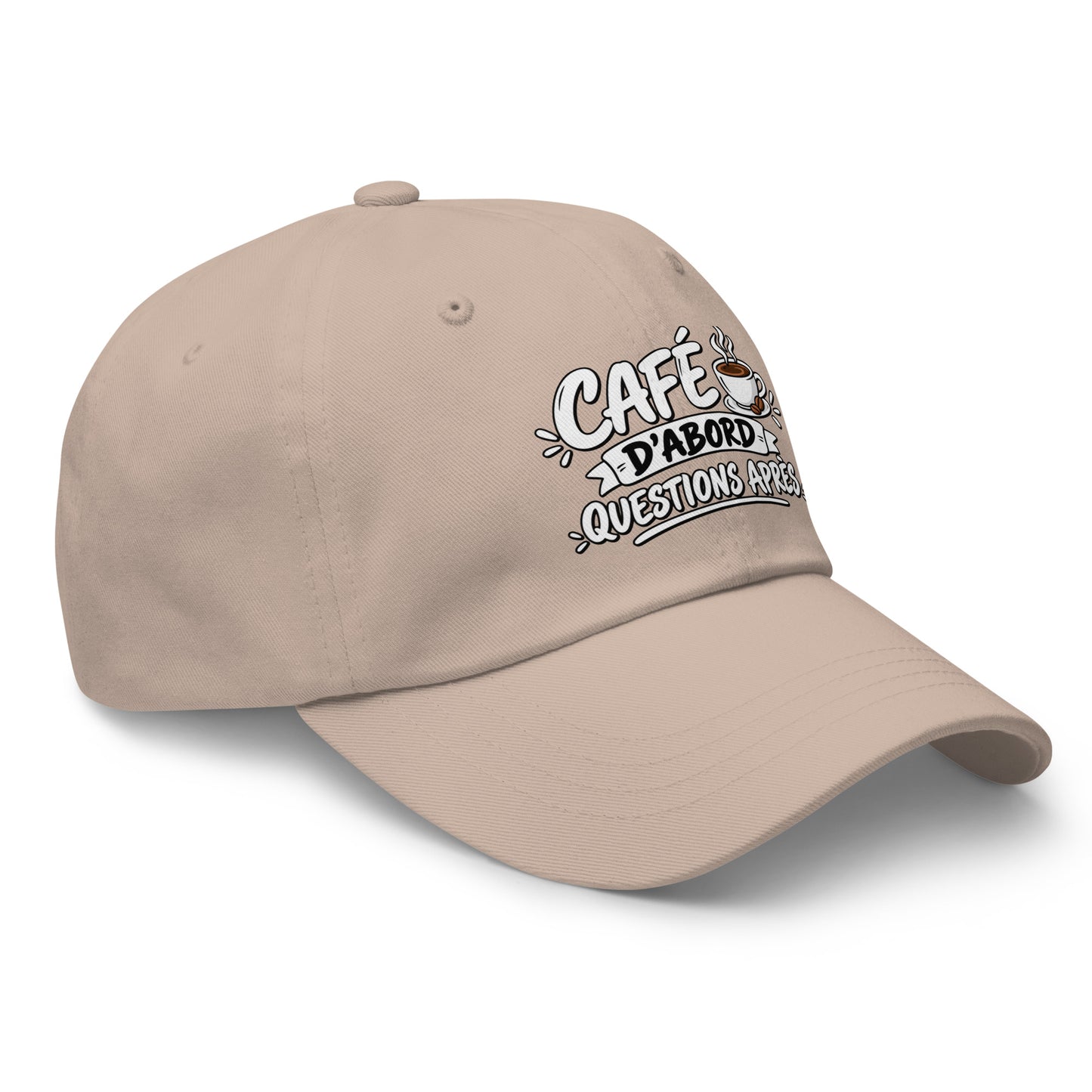 Casquette Baseball, brodée « Café d'abord, questions après », en Pierre, vue de trois quarts, image 42