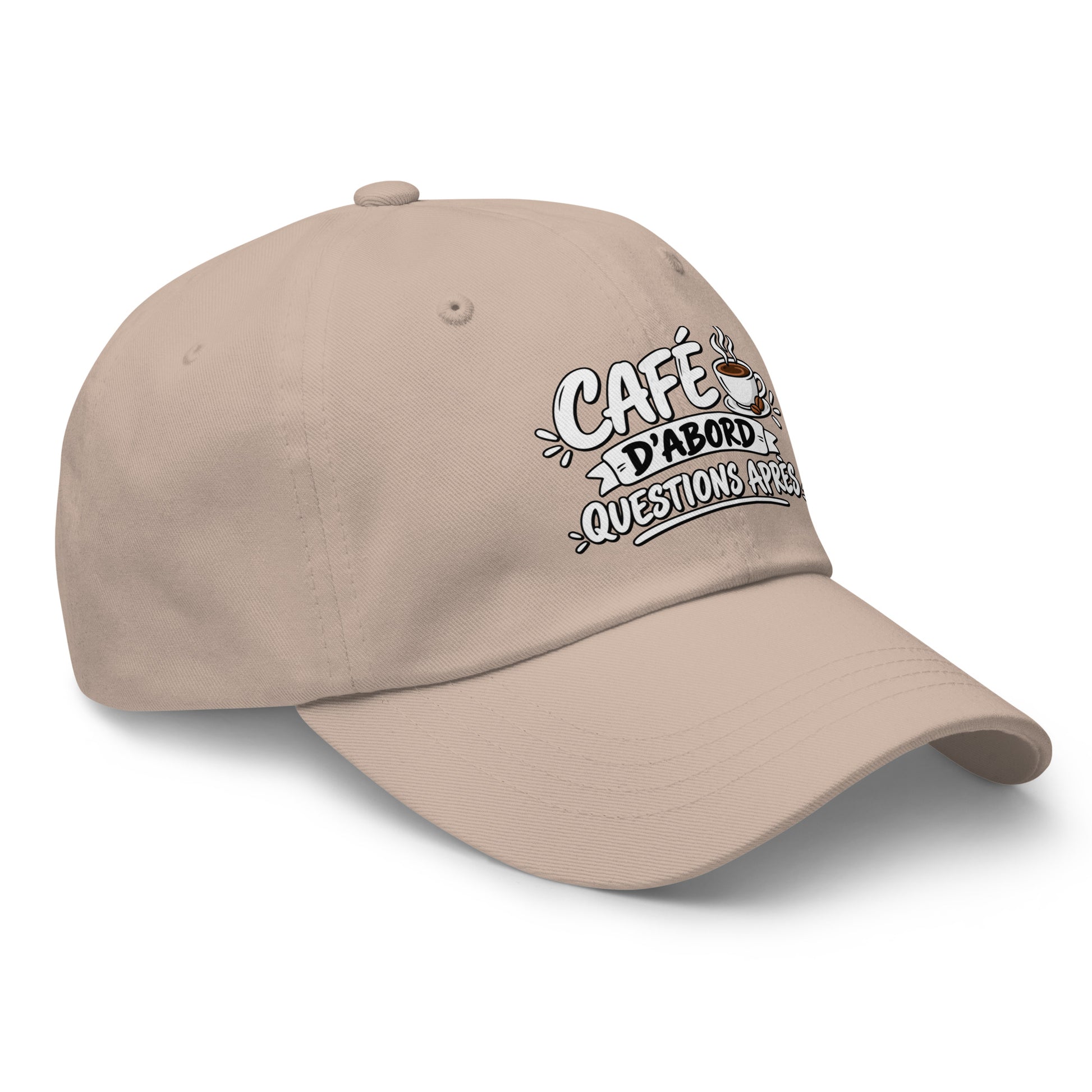 Casquette Baseball, brodée « Café d'abord, questions après », en Pierre, vue de trois quarts, image 42
