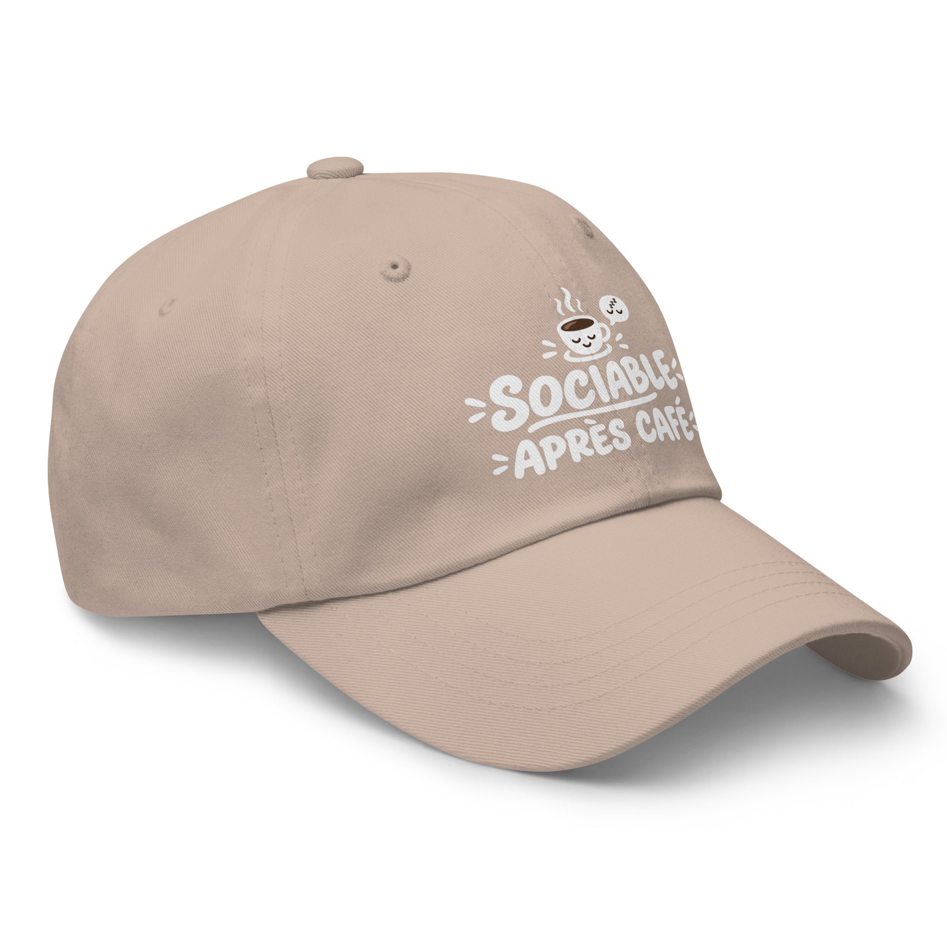 Casquette Baseball, brodée « Sociable après café », en Pierre, vue de trois quarts, image 41