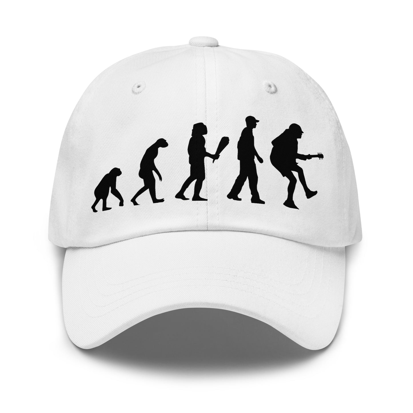 Casquette Baseball, brodée « Evolution de l'homme jusqu'à un guitariste », vue de face, image 3