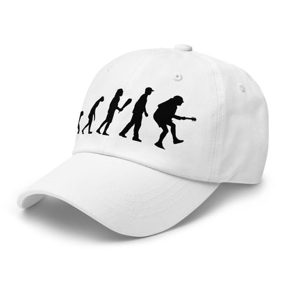 Casquette Baseball, brodée « Evolution de l'homme jusqu'à un guitariste », vue de trois quarts