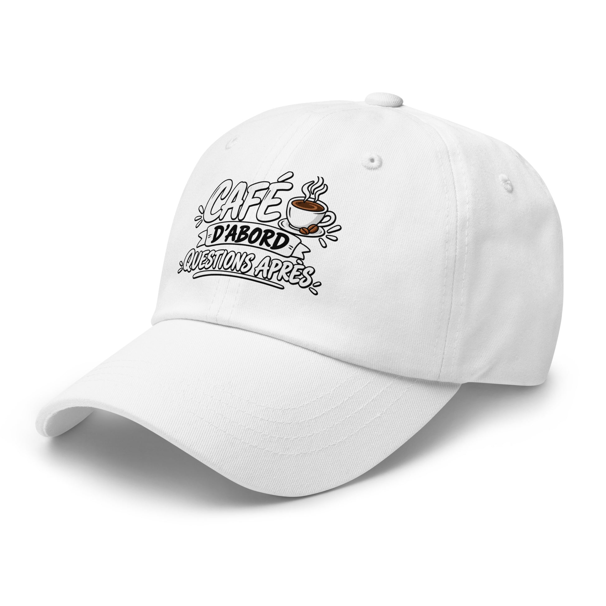 Casquette Baseball, brodée « Café d'abord, questions après », vue de trois quarts, image 57