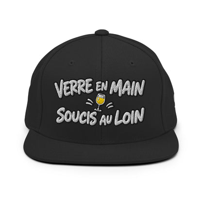 Casquette Snapback, brodée « Verre en main, souci au loin », en Noir, vue de face, image 18
