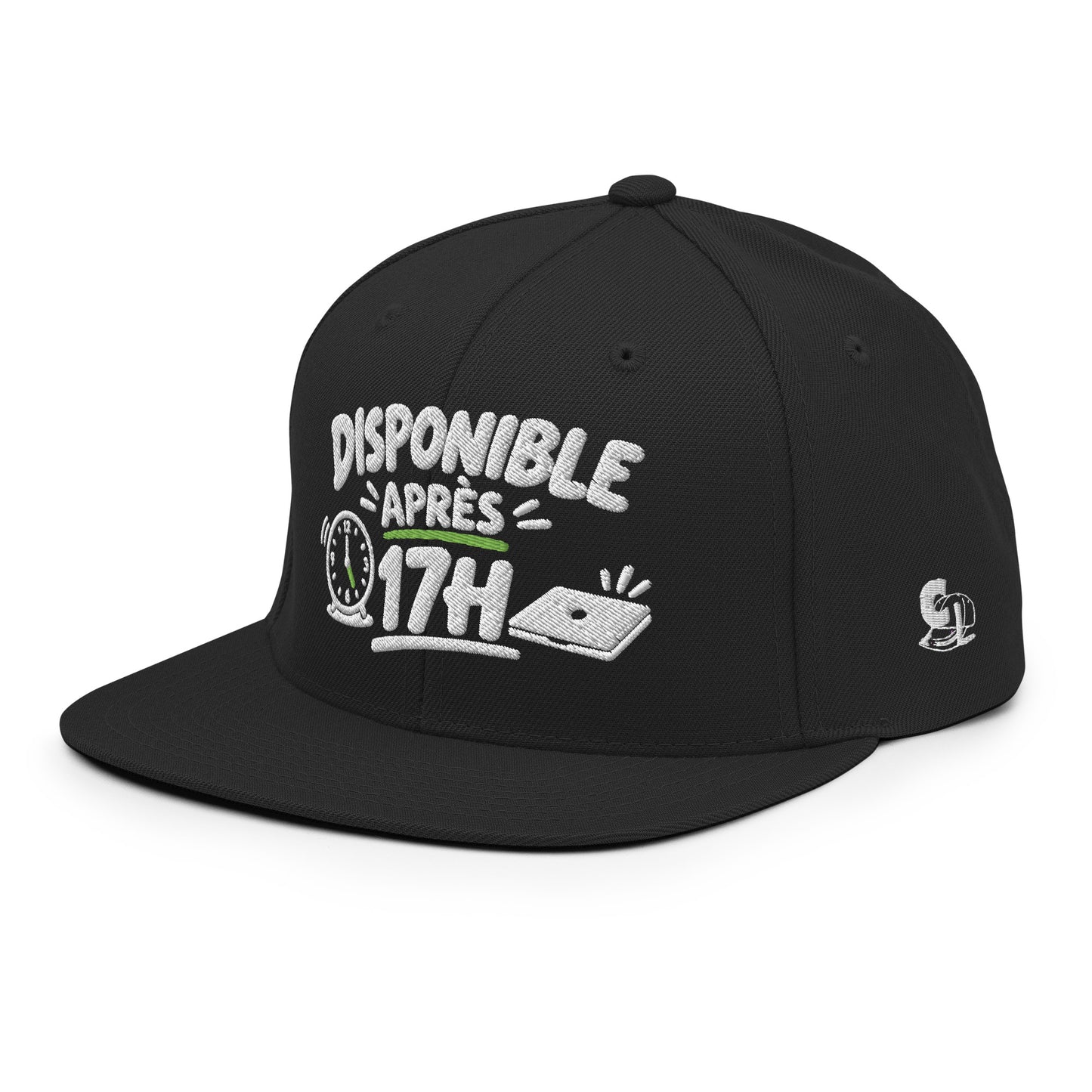 Casquette Snapback, brodée « Disponible après 17h », en Noir, vue de trois quarts, image 27