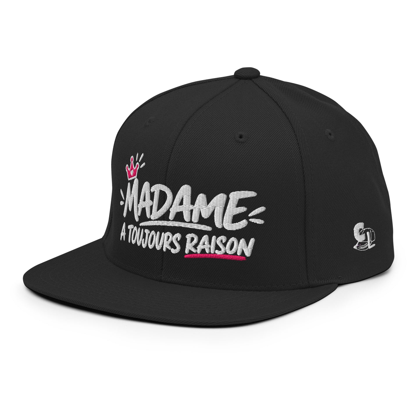 Casquette Snapback, brodée « Madame à toujours raison », en Noir, vue de trois quarts, image 25