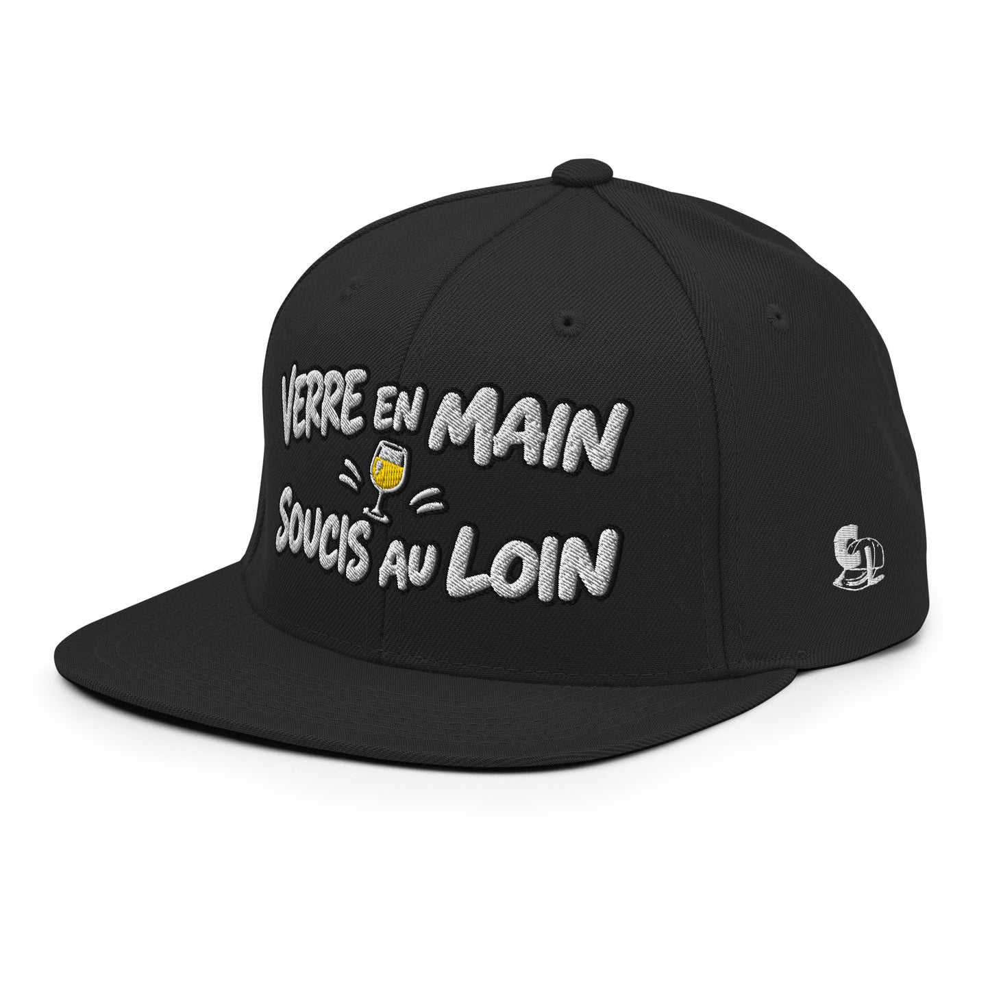 Casquette Snapback, brodée « Verre en main, souci au loin », en Noir, vue de trois quarts, image 25