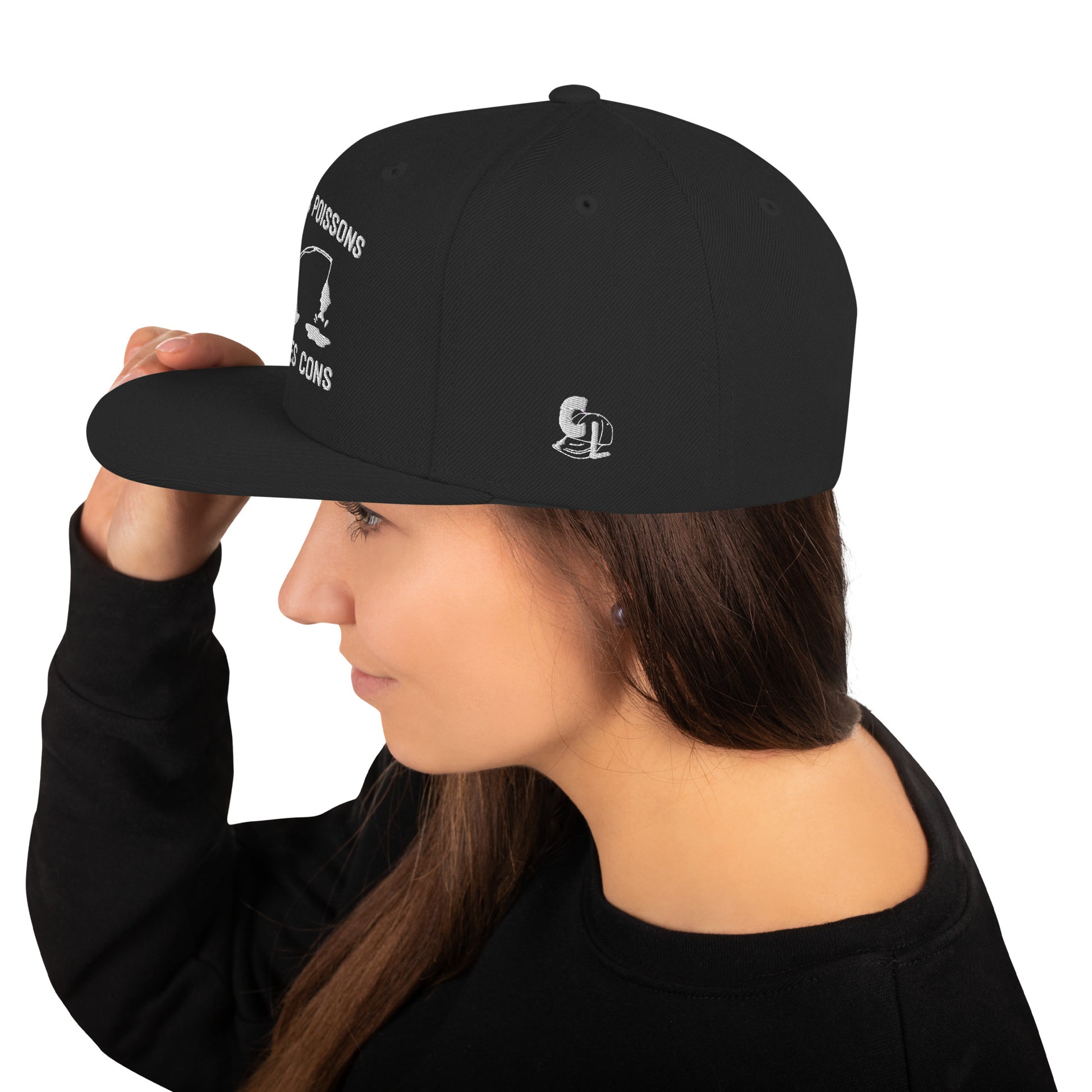 Casquette Snapback, brodée « Près des poissons, loin des cons », en Noir, vue de côté, image 19