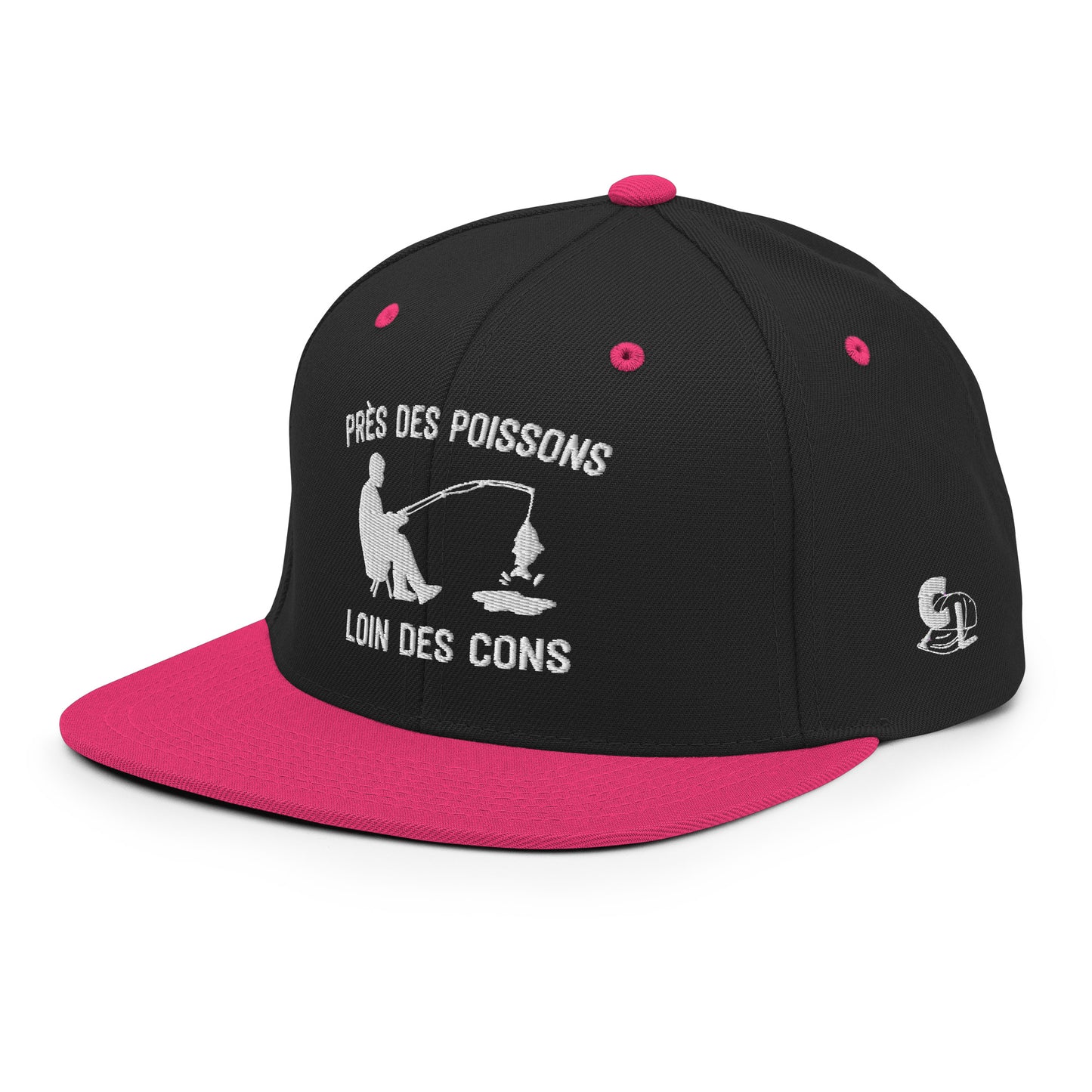 Casquette Snapback, brodée « Près des poissons, loin des cons », en Noir, vue de trois quarts, image 41