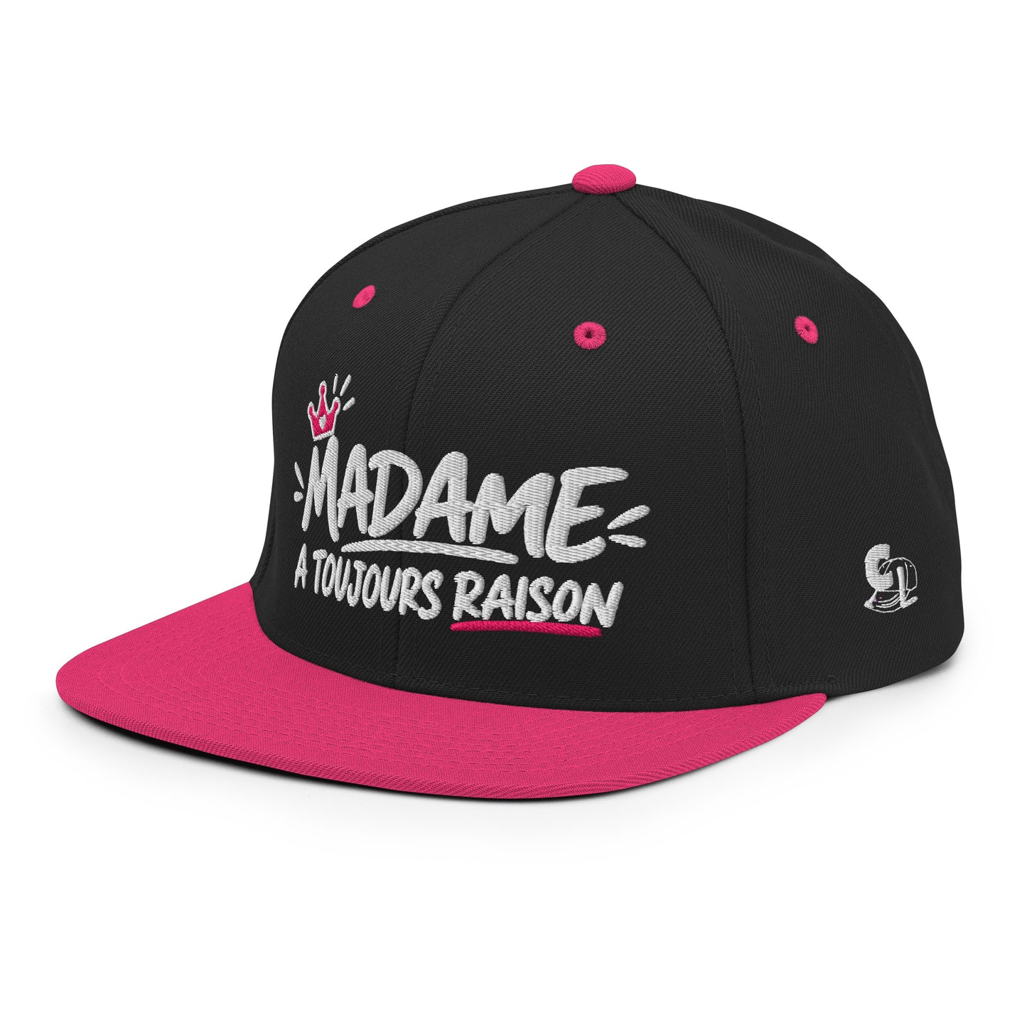 Casquette Snapback, brodée « Madame à toujours raison », en Noir, vue de trois quarts