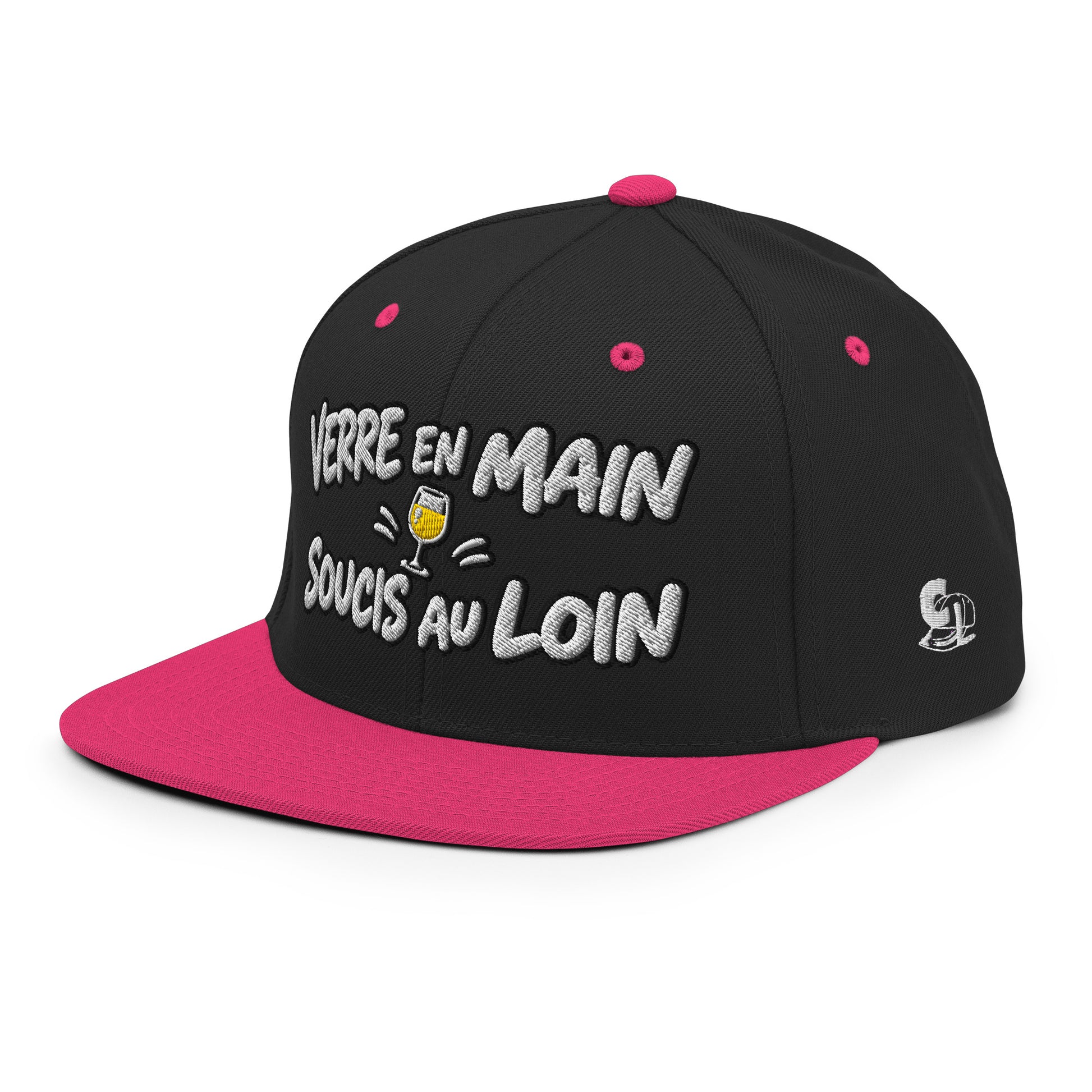 Casquette Snapback, brodée « Verre en main, souci au loin », en Noir, vue de trois quarts, image 35