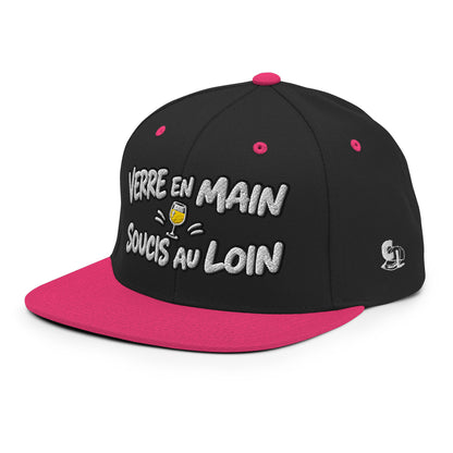 Casquette Snapback, brodée « Verre en main, souci au loin », en Noir, vue de trois quarts, image 35