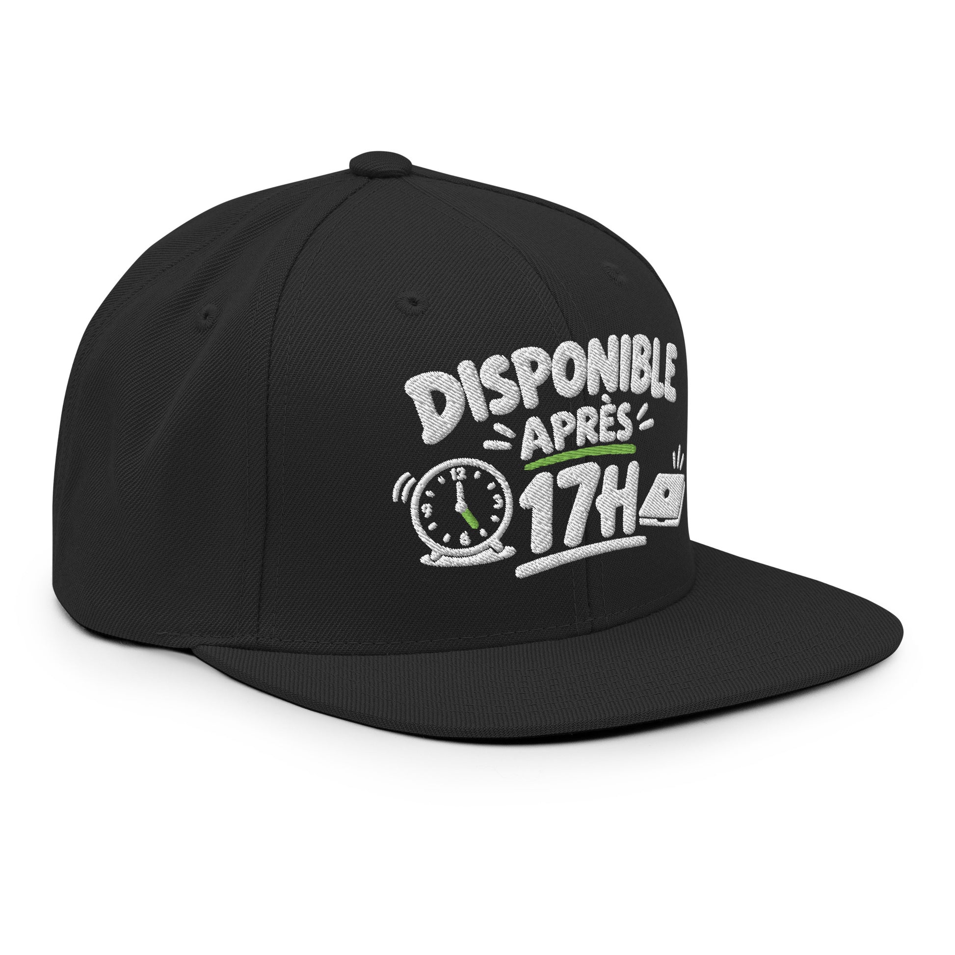 Casquette Snapback, brodée « Disponible après 17h », en Noir, vue de trois quarts, image 24