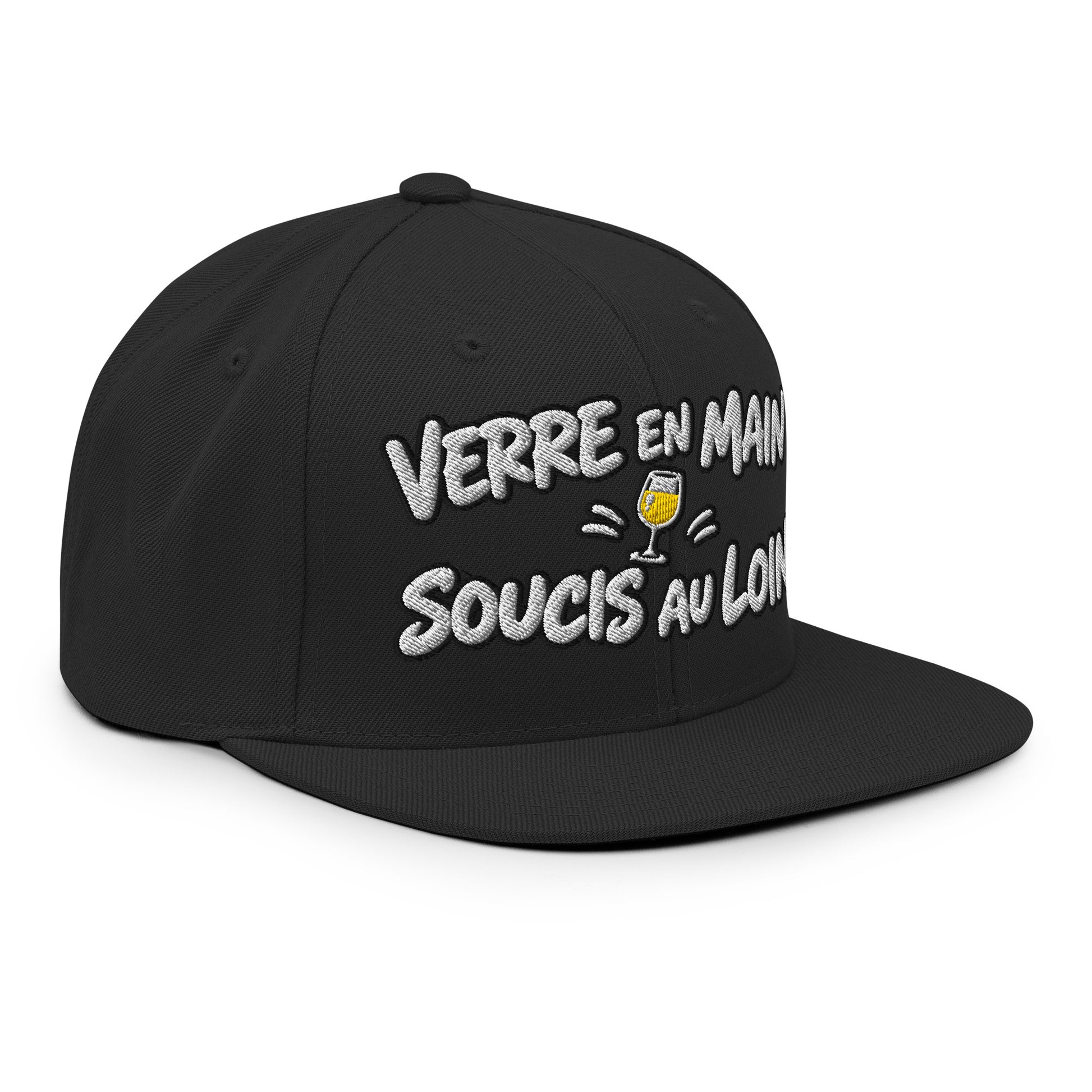Casquette Snapback, brodée « Verre en main, souci au loin », en Noir, vue de trois quarts, image 27