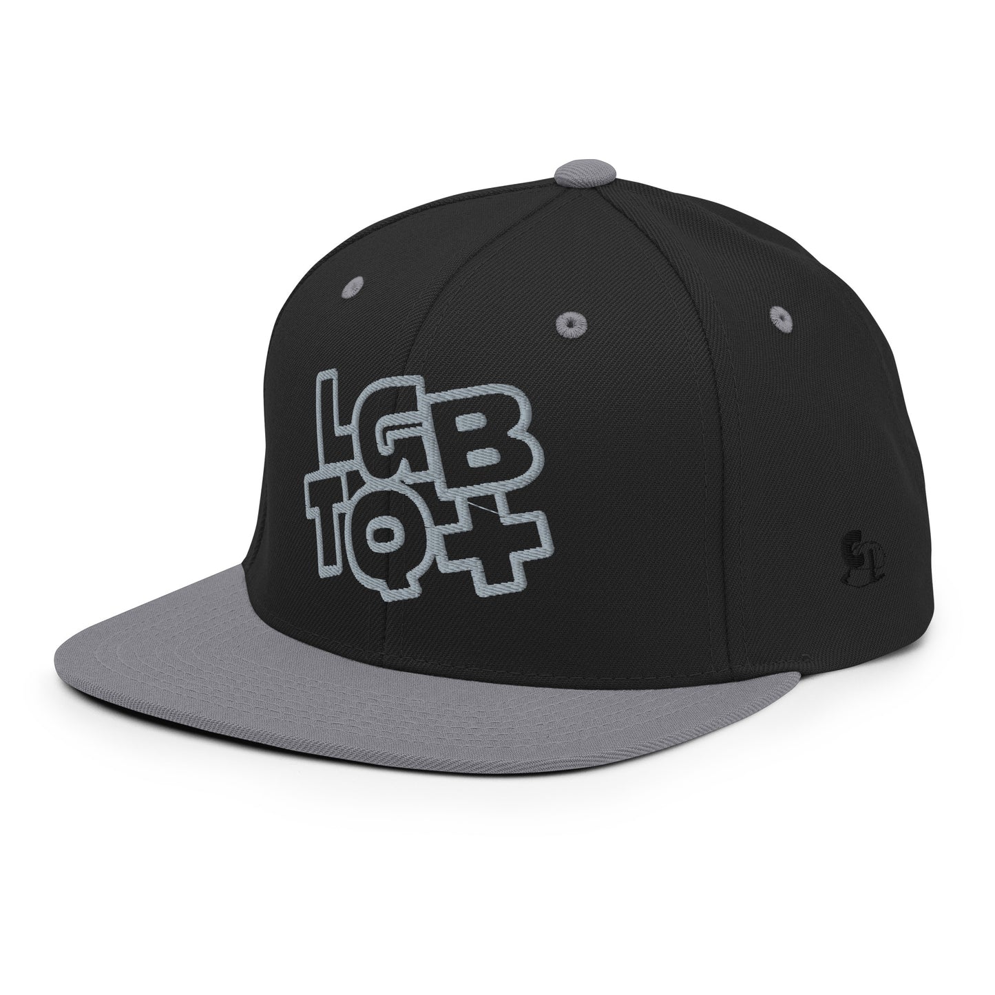 Casquette Snapback, brodée « LGBTQ+ », vue de trois quarts