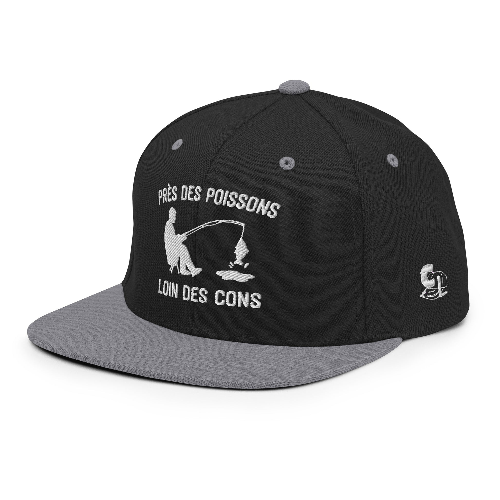 Casquette Snapback, brodée « Près des poissons, loin des cons », en Noir, vue de trois quarts, image 50