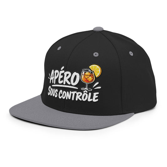 Casquette Snapback, brodée « Apéro sous contrôle », en Noir, vue de trois quarts
