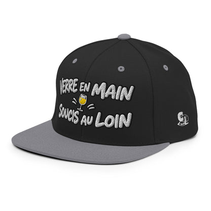 Casquette Snapback, brodée « Verre en main, souci au loin », en Noir, vue de trois quarts, image 45