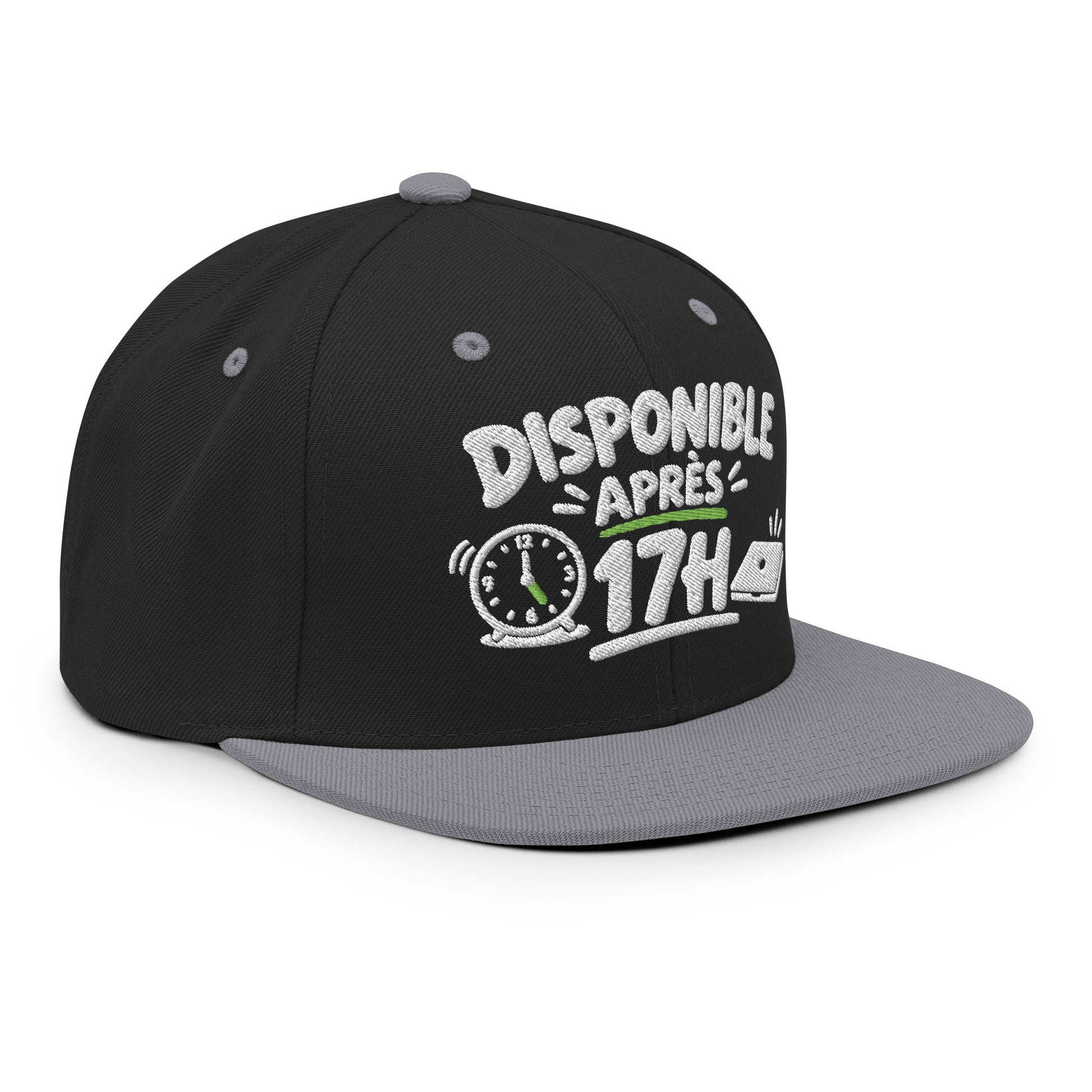 Casquette Snapback, brodée « Disponible après 17h », en Noir, vue de trois quarts, image 48