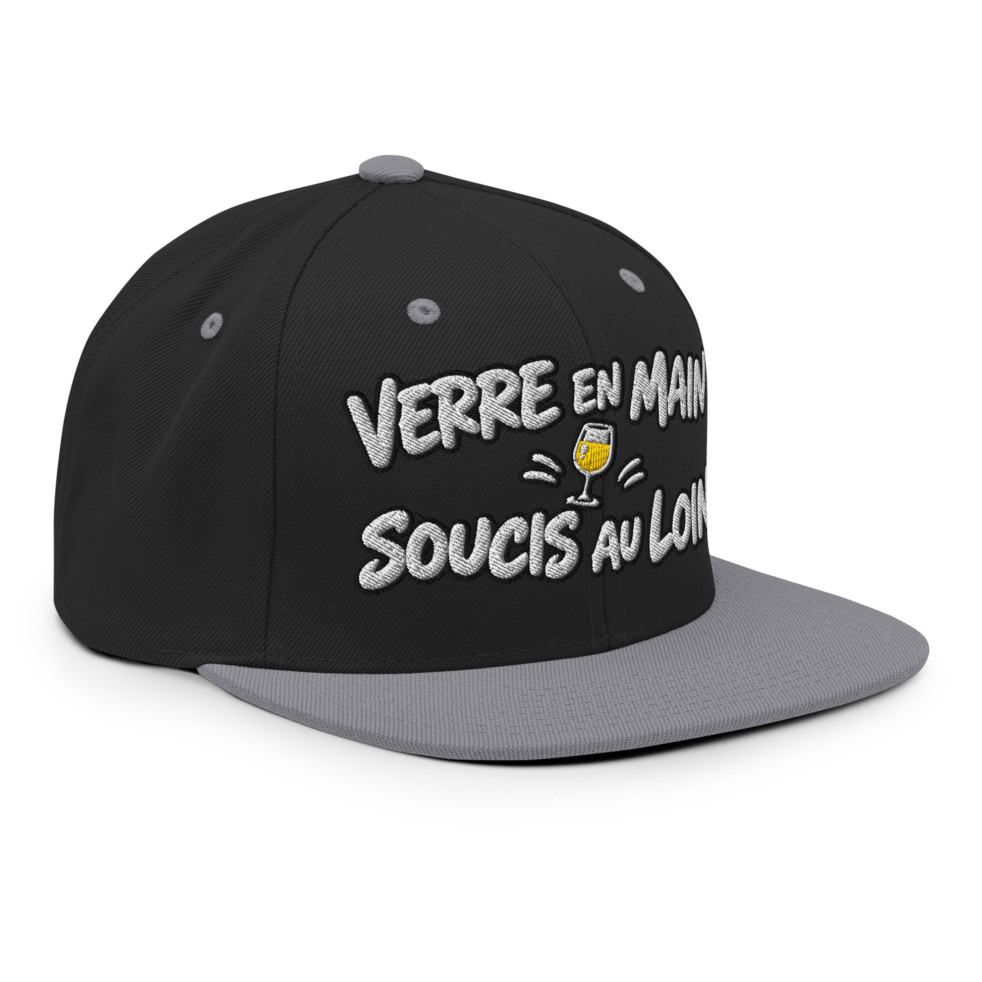 Casquette Snapback, brodée « Verre en main, souci au loin », en Noir, vue de trois quarts, image 47