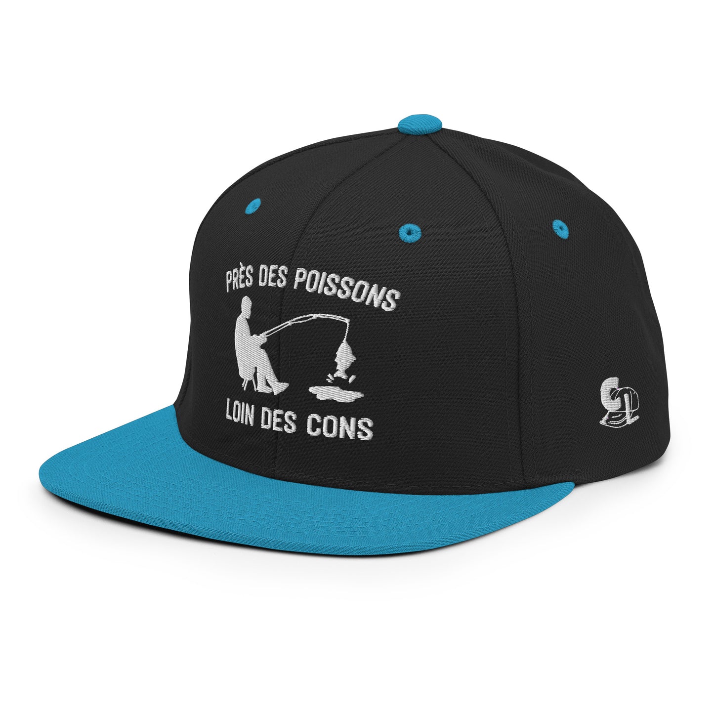 Casquette Snapback, brodée « Près des poissons, loin des cons », en Noir, vue de trois quarts