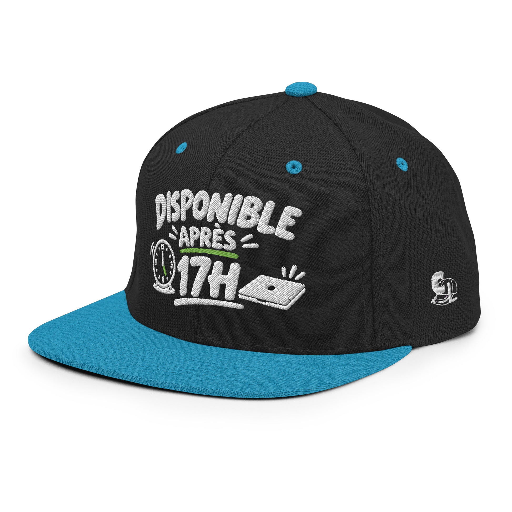 Casquette Snapback, brodée « Disponible après 17h », en Noir, vue de trois quarts, image 41