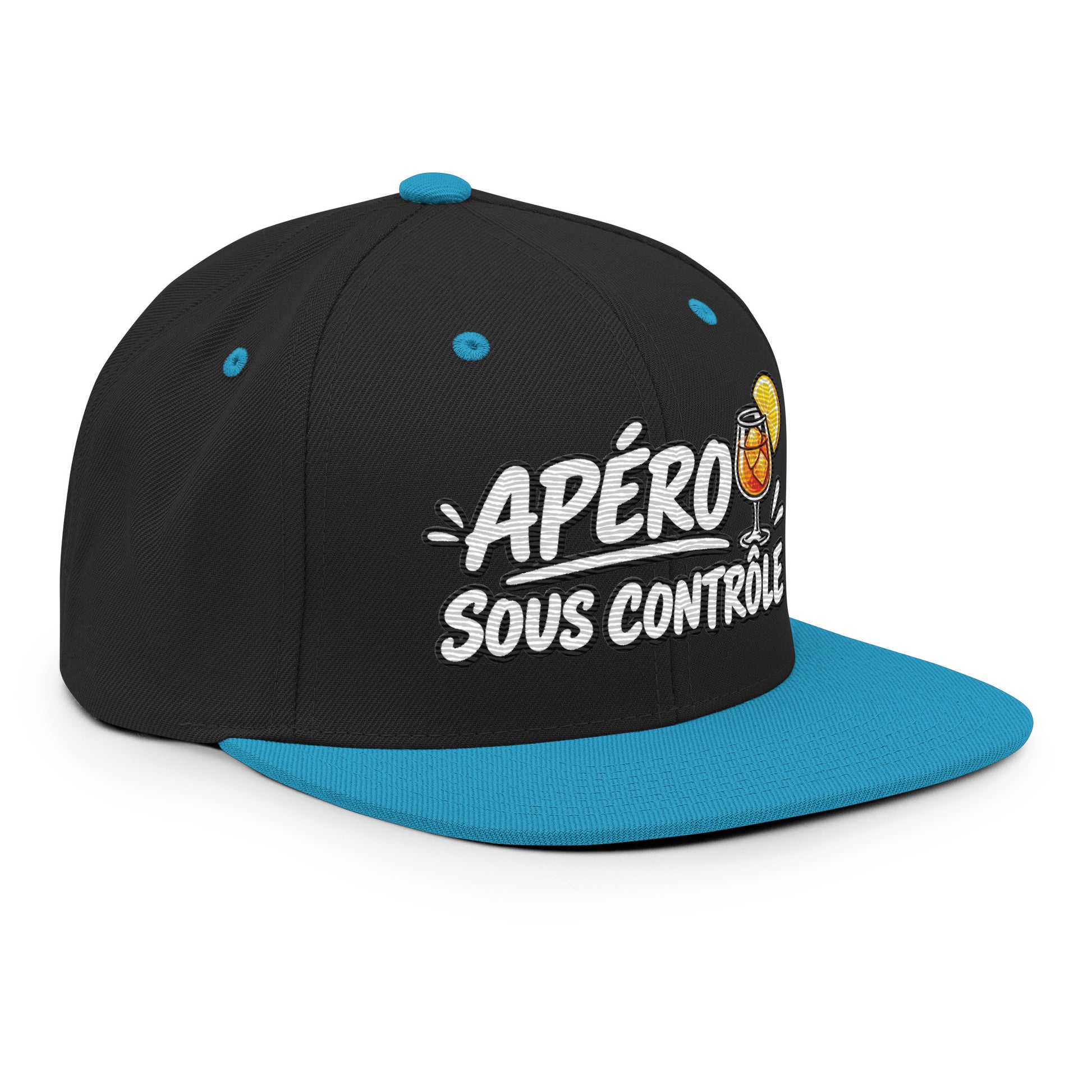 Casquette Snapback, brodée « Apéro sous contrôle », en Noir, vue de trois quarts, image 43