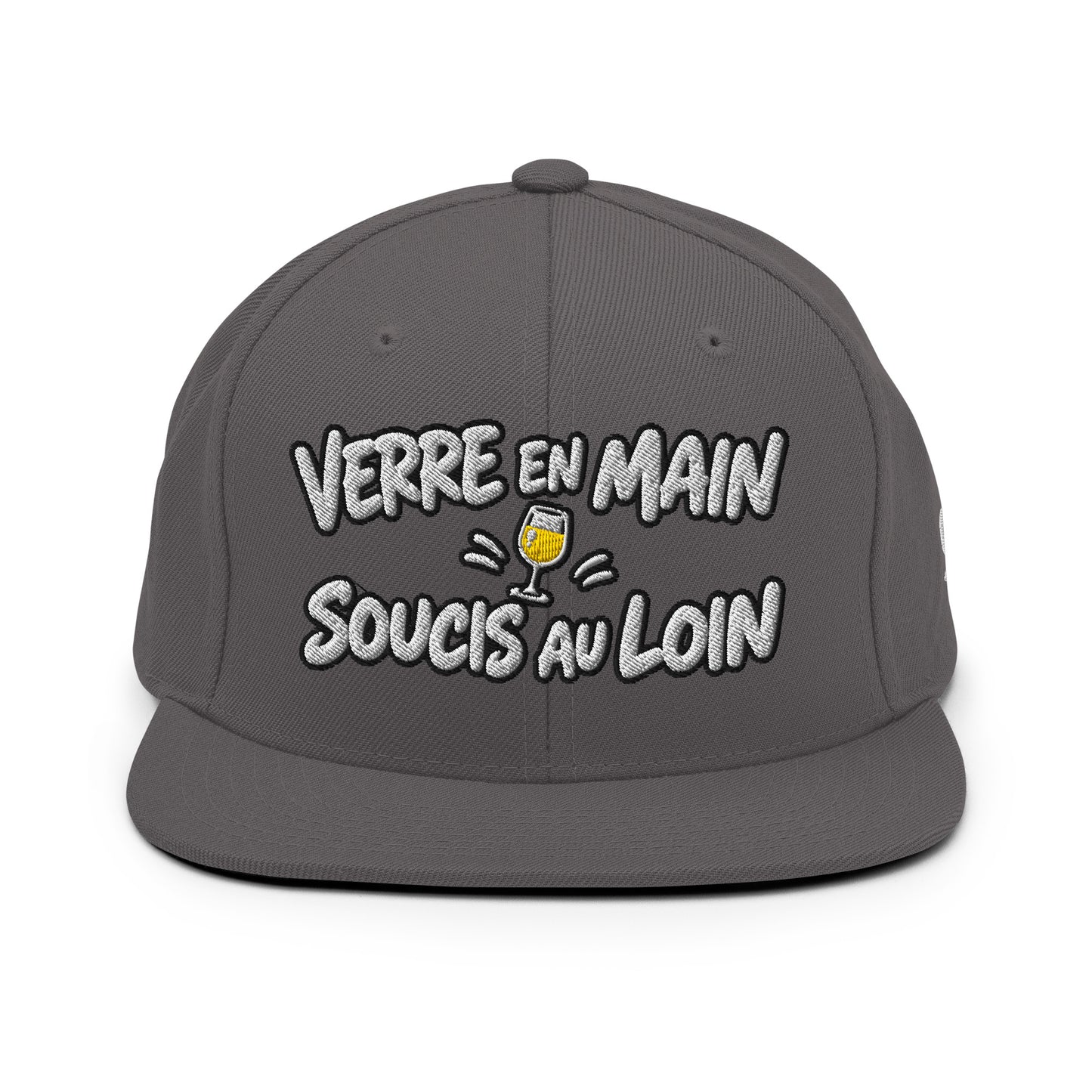 Casquette Snapback, brodée « Verre en main, souci au loin », en Gris Foncé, vue de face, image 10