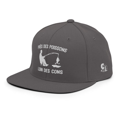 Casquette Snapback, brodée « Près des poissons, loin des cons », en Gris Foncé, vue de trois quarts, image 85