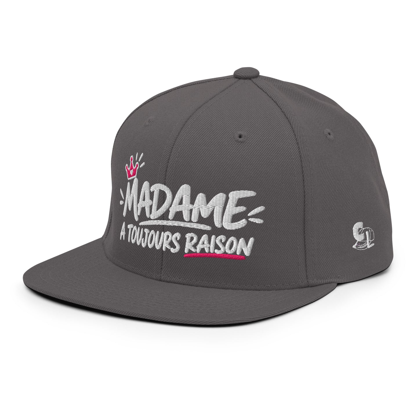 Casquette Snapback, brodée « Madame à toujours raison », en Gris Foncé, vue de trois quarts, image 80
