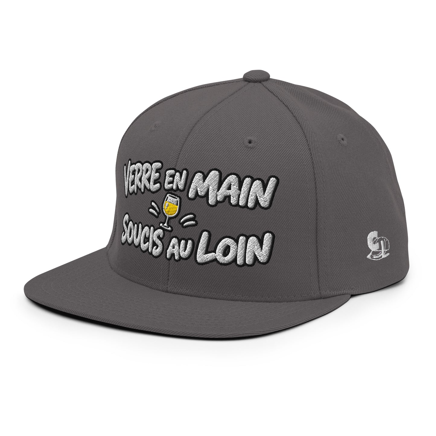 Casquette Snapback, brodée « Verre en main, souci au loin », en Gris Foncé, vue de trois quarts, image 80